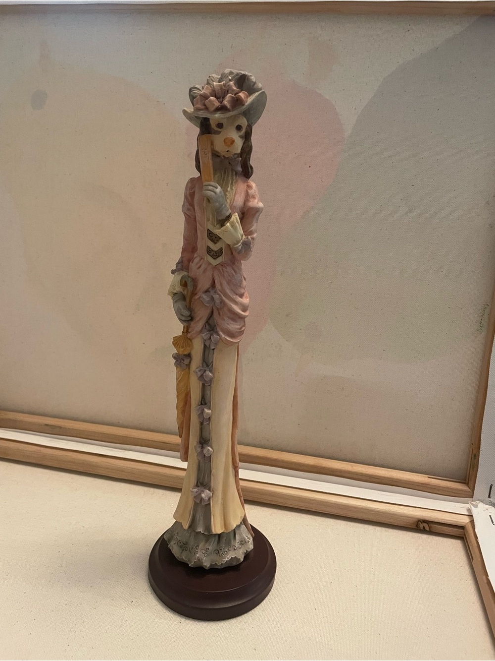 Victorian Anthropomorphic Dog Lady Figurine Pink Dress Parasol Fan 12.75 Inch - Picture 2 of 7